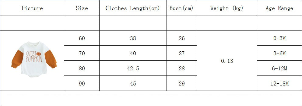 Autumn Pumpkin Bodysuit — Supplier size chart