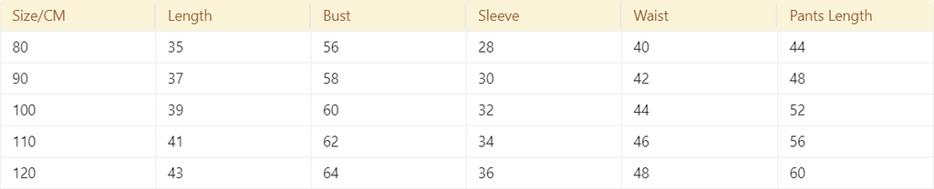Pumpkin Hoodie & Pants Set — Supplier size chart