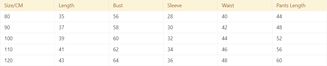 Pumpkin Hoodie & Pants Set — Supplier size chart